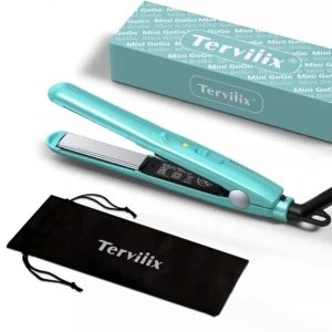 Terviiix mini hair straightener in blue, perfect for styling short hair, bangs, and travel, featuring ceramic plates and dual voltage.