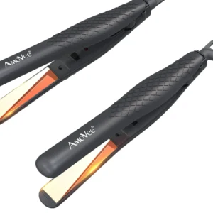 Rose gold mini hair straightener, a dual voltage travel flat iron perfect for styling short hair, bangs, and touch-ups on the go.