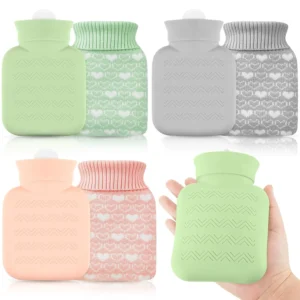 This set includes three small, microwaveable silicone hot water bottles with knitted covers, perfect for kids and travel.