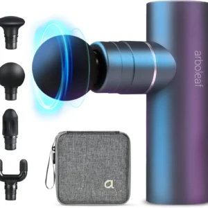 This mini massage gun provides deep tissue percussion for muscle pain relief, featuring interchangeable heads, long battery life, and quiet operation for use at home, in the office, or at the gym.