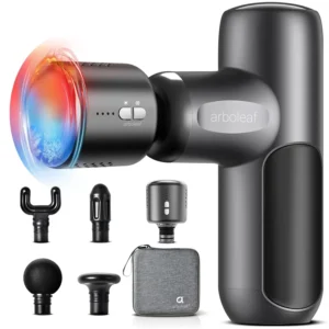 The arboleaf mini massage gun provides both heat and cold therapy for muscle recovery, featuring a compact design and multiple attachments for targeted pain relief.