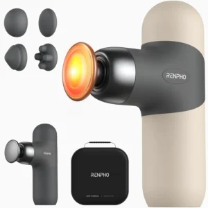 The RENPHO mini massage gun in beige, featuring interchangeable colored silicone sleeves, offers heat therapy and percussion massage for muscle relaxation on the go.