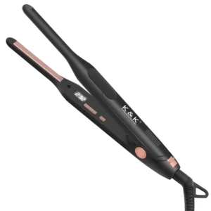 The K&K mini pencil hair straightener and curler with thin ceramic floating plates is perfect for styling short women's hair or men's beards, featuring a UK plug and automatic shut-off.