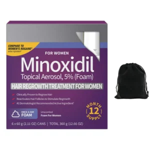 Kirkland Signature 5% Minoxidil foam helps women regrow hair and combat thinning, providing a 12-month supply of unscented, easy to apply treatment.