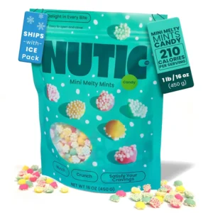 One pound of Nutic mini smooth and melty pastel mint nonpareils candy, proudly made in the USA.