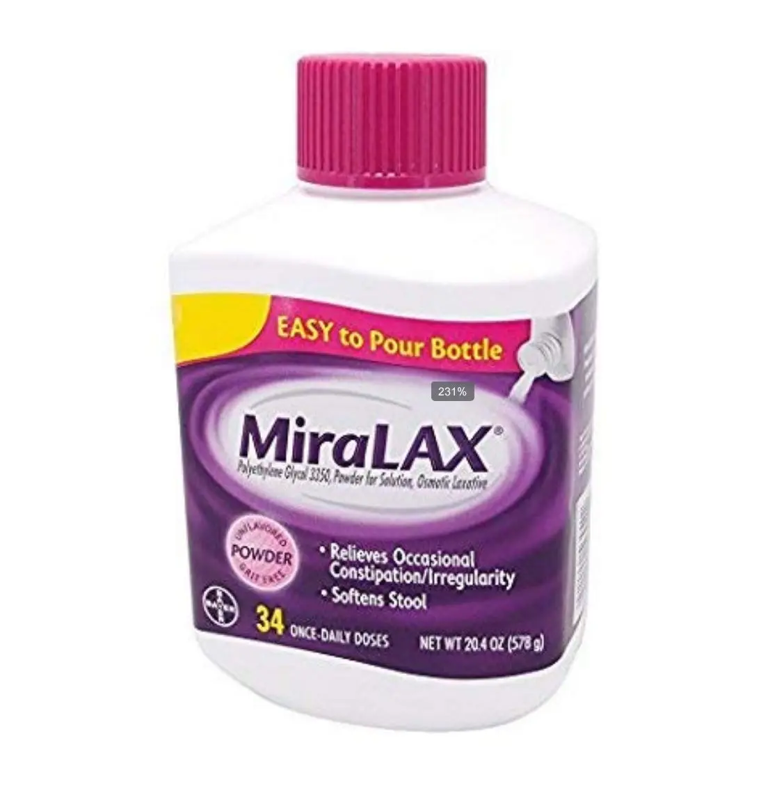 This is a 20.4oz box of MiraLAX powder laxative containing 34 doses for gentle constipation relief.