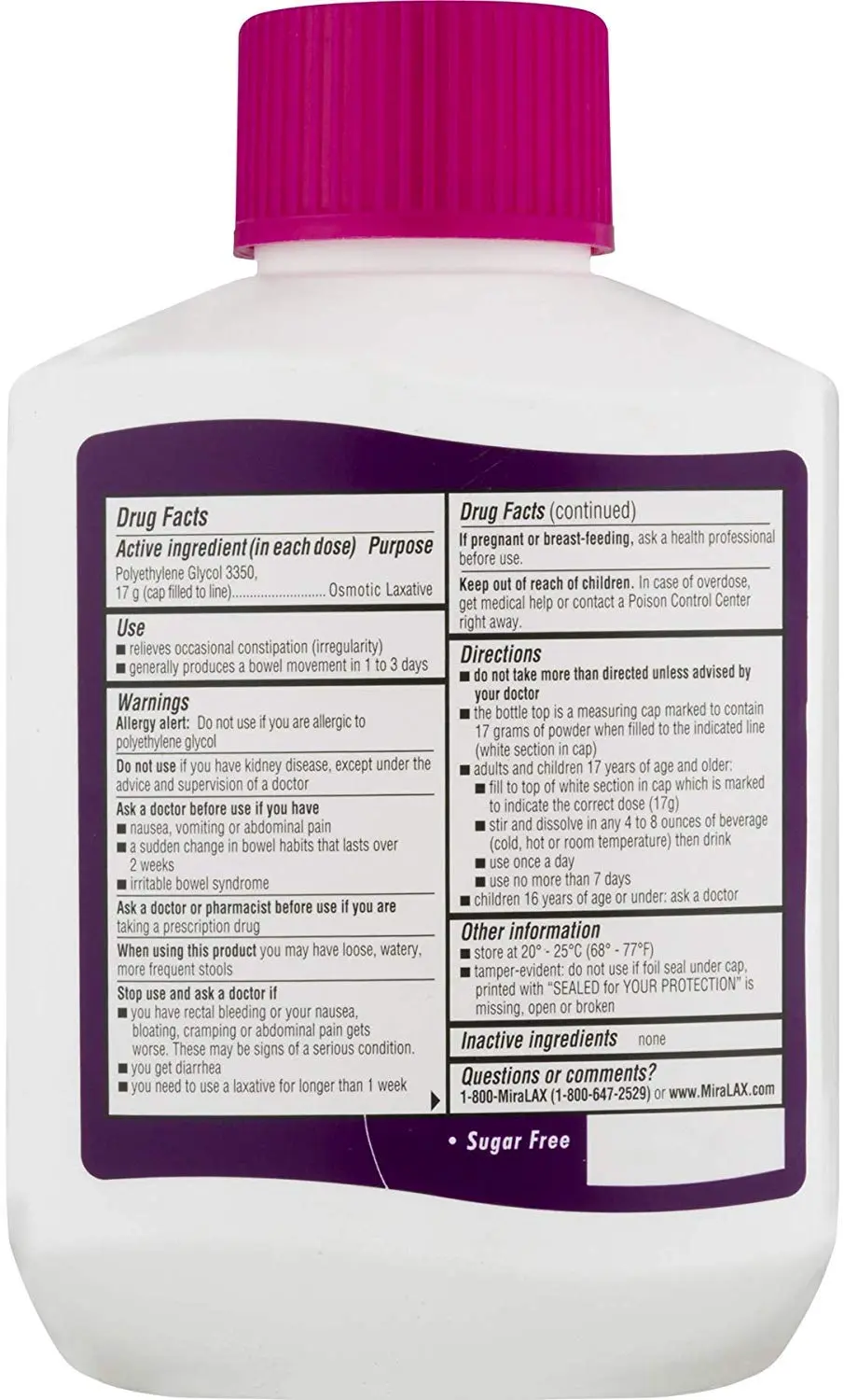 This is a 20.4oz box of MiraLAX powder laxative containing 34 doses for gentle constipation relief.