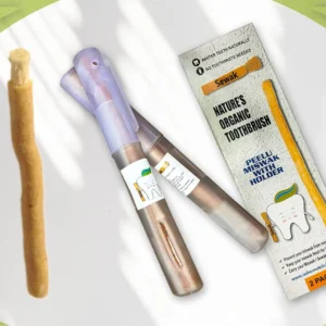 Two natural sewak miswak toothbrush sticks with holder, a traditional and organic way to clean teeth, reduce plaque, and freshen breath with no additives.