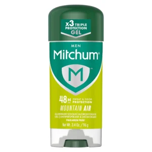 This is an image of Mitchum Men's Antiperspirant Deodorant Gel Stick in Mountain Air scent, providing 48-hour odor and wetness protection.