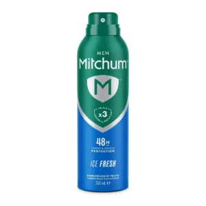 Mitchum Men Triple Odor Defense Ice Fresh deodorant spray offers 48-hour sweat and odor protection without irritation, leaving no white marks and tested by dermatologists.