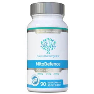 Swiss BioEnergetics MitoDefence capsules for all-in-one mitochondrial support with 300mg CoQ10, 21mg PQQ, and 210mg Shilajit for enhanced absorption.