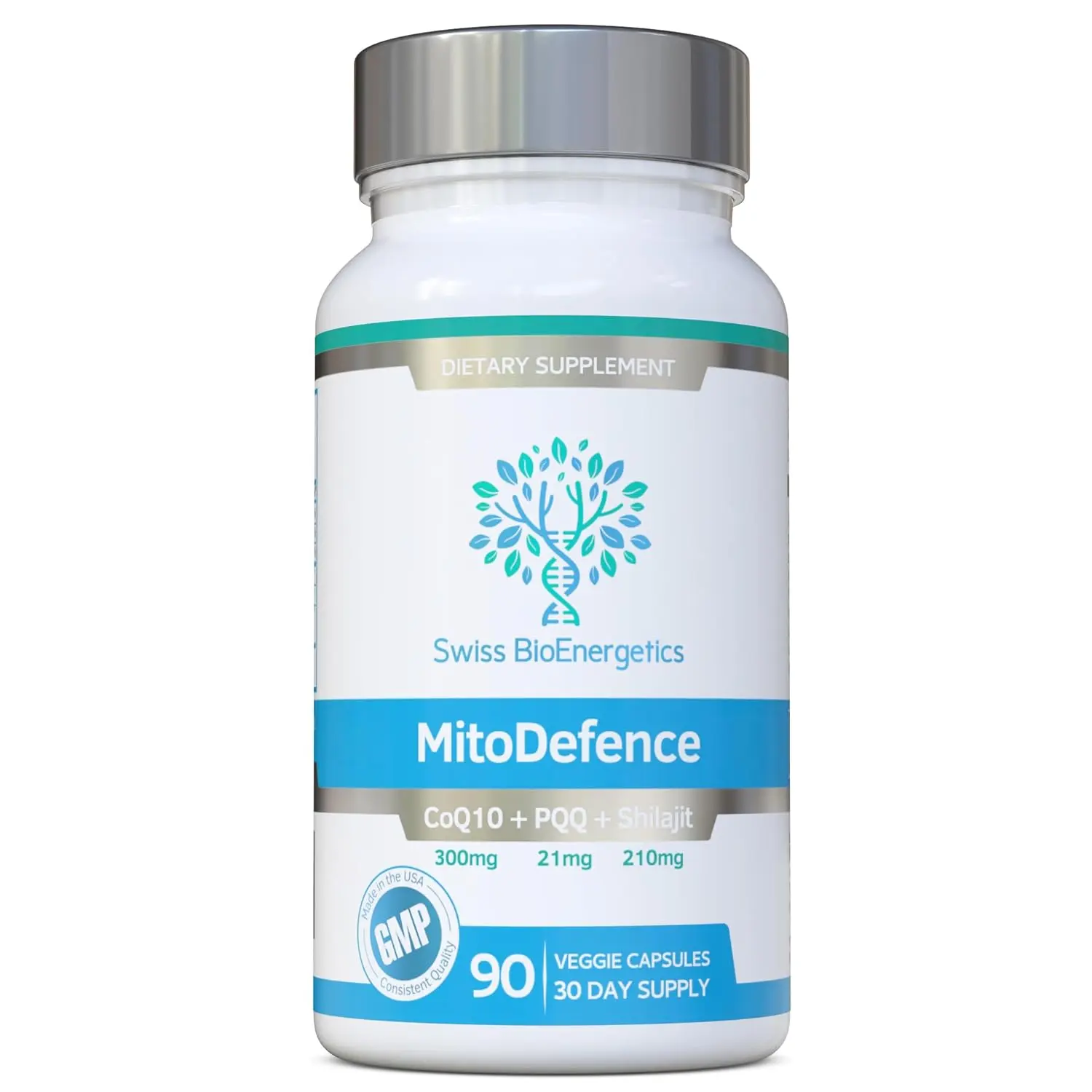 Swiss BioEnergetics MitoDefence capsules for all-in-one mitochondrial support with 300mg CoQ10, 21mg PQQ, and 210mg Shilajit for enhanced absorption.