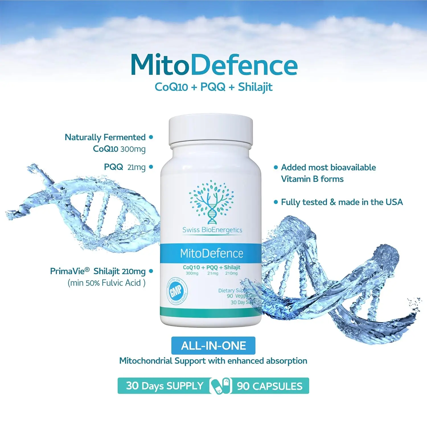 Swiss BioEnergetics MitoDefence capsules for all-in-one mitochondrial support with 300mg CoQ10, 21mg PQQ, and 210mg Shilajit for enhanced absorption.