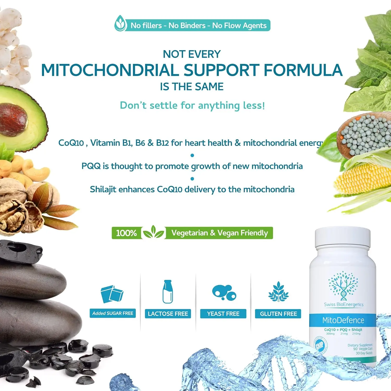 Swiss BioEnergetics MitoDefence capsules for all-in-one mitochondrial support with 300mg CoQ10, 21mg PQQ, and 210mg Shilajit for enhanced absorption.
