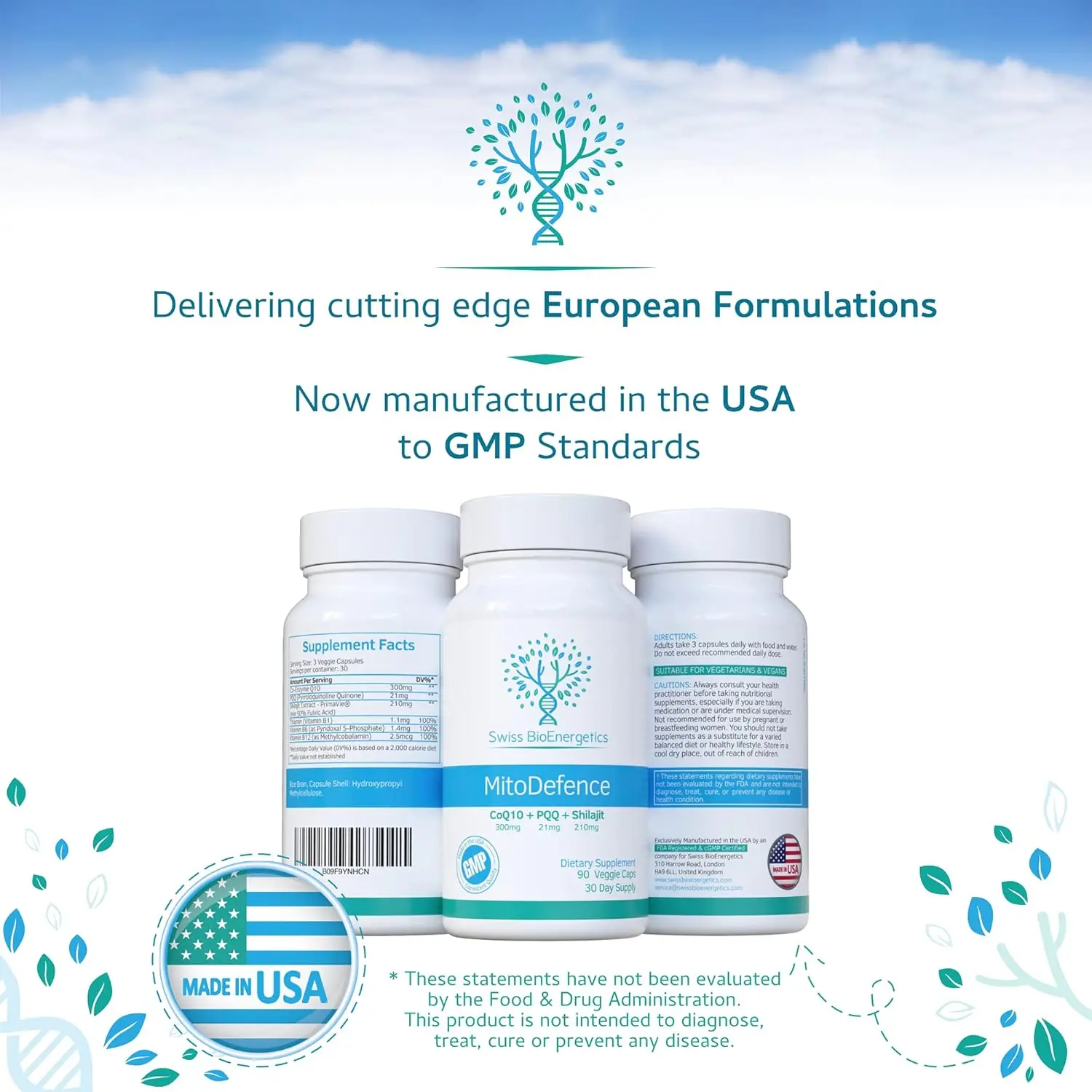 Swiss BioEnergetics MitoDefence capsules for all-in-one mitochondrial support with 300mg CoQ10, 21mg PQQ, and 210mg Shilajit for enhanced absorption.