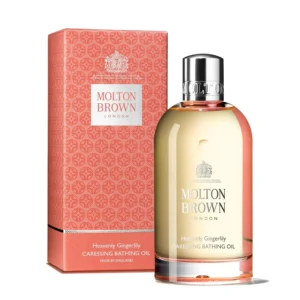 Close-up of Molton Brown Gingerlily Bathing Oil with tamanu nut and argan oils to replenish and soften skin in bath or shower.