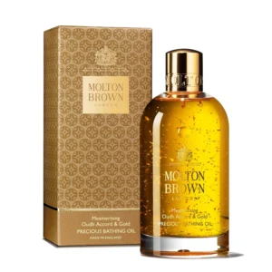 Luxurious Molton Brown bath oil infused with oudh, myrrh, honey, and real gold for a mesmerising and opulent bathing experience.