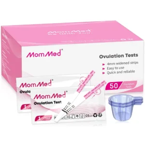 MomMed 50 LH ovulation predictor kit with collection cups for women provides over 99% accuracy for high-precision ovulation testing at home, safely and hygienically packaged.