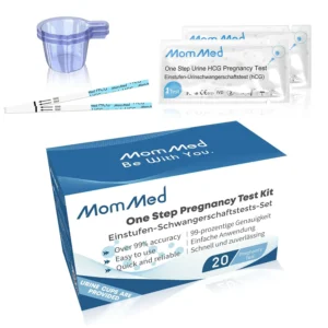 MomMed pregnancy test strips kit with 20 urine collection cups for reliable and quick early detection of pregnancy at home.