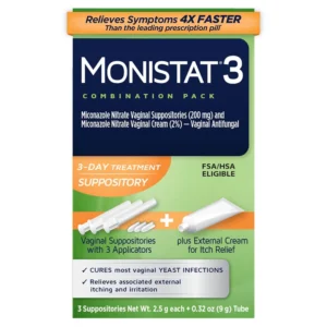 Monistat 3-Day yeast infection treatment provides relief from itching, irritation, and discomfort with suppositories and anti-itch cream.