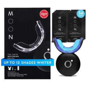 MOON teeth whitening kit with LED light device and dissolving whitening strips, designed for rapid stain removal and a brighter smile in two weeks.
