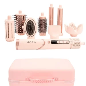The pink MORA StylerPro 8 in 1 multi-styler and hair dryer with travel bag and accessories offers salon-quality styling with advanced heat technology for all hair types, featuring auto mode and a high-heat setting.