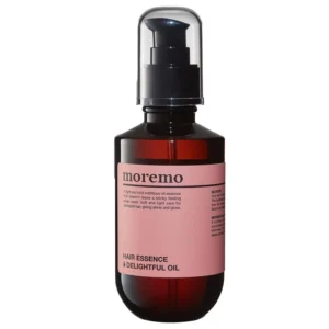 Moremo Hair Essence Delightful Oil, a light and mild leave-in treatment infused with 8X nutrition oil complex, restoring damaged hair and adding shine.