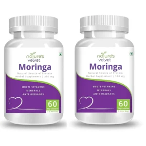 Two bottles of nature's velvet Lifecare Moringa Leaf Extract capsules, a rich source of vitamins, minerals, and antioxidants to support a healthy life, made with pure herbal extracts in a GMP certified facility with no preservatives or added sugar.