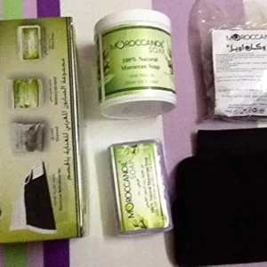 This image shows a Moroccan natural bath kit for whole body care, from Moroccan manufacturer.