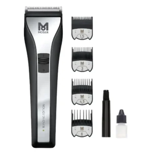 The Moser Chrom2Style blending edition hair clipper features a sleek black and silver design and comes with magnetic attachment combs for professional fades and seamless transitions.