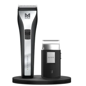 Moser Chrom2Style Blending Edition hair clipper and rechargeable travel shaver combo, made in Germany with precision blades and a quick-change blade system, offering professional grooming performance.