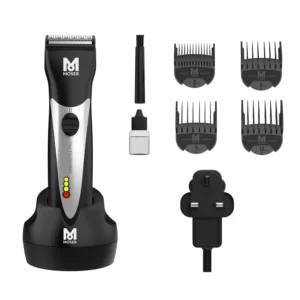This is a Moser ChromStyle Pro cordless hair clipper made in Germany, featuring adjustable cutting lengths, a quick-change blade system, and long battery life for professional grooming.