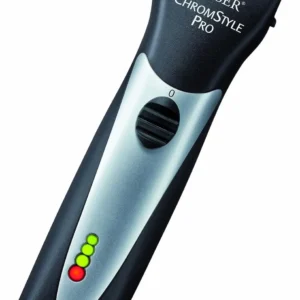A black and silver Moser ChromStyle hair trimmer, a professional-grade grooming tool weighing 300 grams, ideal for precise haircuts.
