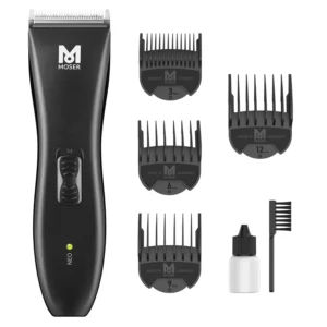 The Moser NEO professional cordless hair clipper, made in Germany, features magic blade technology, a 90-minute operation time, and an LED charging indicator.