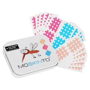 Close-up of Moskinto mosquito bite relief patches, designed to soothe swelling and itching for kids and adults after bug bites.