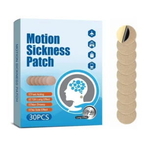 Motion sickness patches for adults and kids providing non-drowsy nausea relief from sea sickness, dizziness, and vertigo, available in convenient 30 count pack.