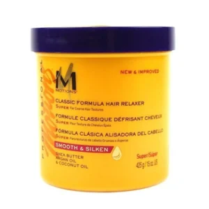 Motions Classic Lye Relaxer, a tropical formula hair treatment carefully formulated and packed with goodness in hygienic packaging, as shown.