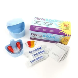 DentaSOAK starter kit with soaking cup provides a 3-month supply of mint-scented, non-toxic, persulfate and alcohol-free cleaner for mouthguards, dentures, retainers, and other dental appliances, eliminating over 99% of bacteria.
