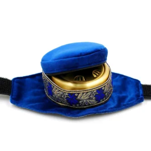 Blue moxa belt with smoke filter bag for traditional heat therapy, promoting circulation and pain relief using moxa rolls.