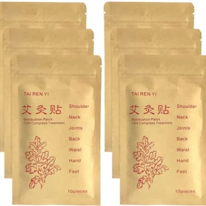 This image shows 60 moxibustion patches, self-heating moxa stickers with Chinese mugwort leaf for natural pain relief on the neck, back, knee, and waist.