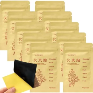 This image shows moxibustion patches, pure natural moxa stickers for dispelling discomfort and relieving fatigue in areas such as the neck, shoulder, back, waist, hand, feet, and joints.