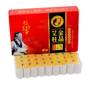 This image shows 54 moxibustion rolls made with a 60:1 ratio and 10-years purity, designed to warm meridians, increase circulation, boost immunity, and provide pain relief.