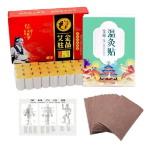 This moxibustion kit includes 54 high-purity moxa sticks and 12 wormwood moxa patches for traditional Chinese therapy to improve circulation and warm the body, along with an acupoint map.