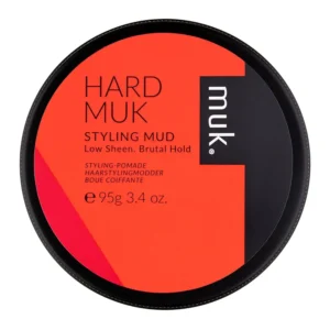 Muk hair styling mud provides a hard hold and low sheen finish for men's hairstyles, presented in a 3.4oz container.
