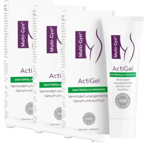Three tubes of Multi-Gyn Actigel for treating bacterial vaginosis, vaginal discomfort, unpleasant odour, itch and irritations.