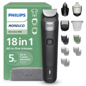 The Philips Norelco Multigroom 5000 is an all-in-one 18-piece men's grooming kit with titanium self-sharpening blades and multiple attachments for trimming beard, face, nose, ear, and body hair.