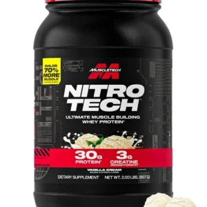 MuscleTech NitroTech whey protein powder in Vanilla Cream flavor, an ultimate muscle building formula with 30g protein, creatine, and BCAAs for athletes and bodybuilders.