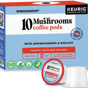 Shroomzup Mushroom Coffee K Cups offer sustained energy and focus from a blend of 10 mushrooms, Ashwagandha, and Shilajit, providing a smooth, tasty, and jitter-free dark roast coffee experience in convenient single-serve pods.