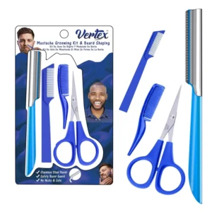 This mustache grooming kit features scissors, a razor, and a comb for achieving a perfectly shaped and trimmed mustache at home or while traveling.