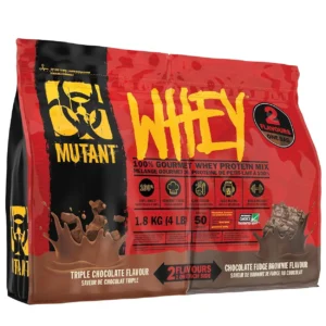 This is a container of Mutant Whey Dual Chamber protein powder in chocolate fudge flavor, weighing 1.8kg.
